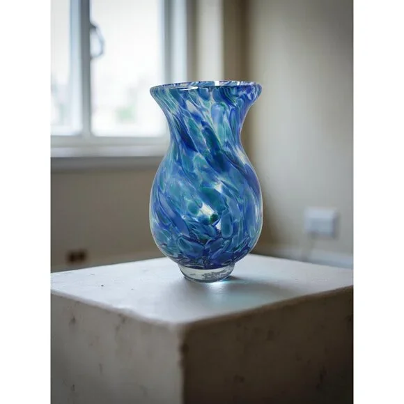 Vintage Hand Blown Blue,Teal Swirl Pattern Heavy Pedestal Bottom Vase - Picture 8 of 12